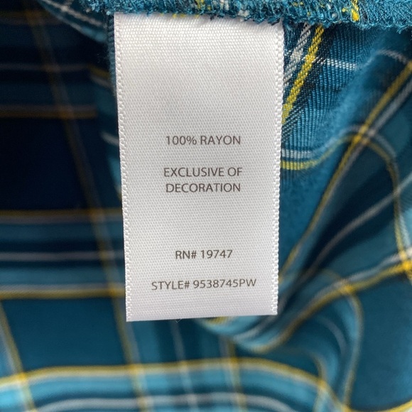 Pioneer Woman boho embroidered tunic blouse Henley button turquoise plaid 2X - Picture 6 of 9